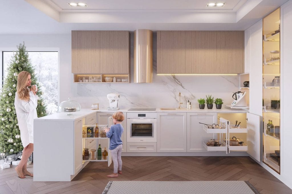 Nowoczesna biała kuchnia z systemami przechowywania Rejs Puro, widoczny wąski cargo i wysuwany narożnik.