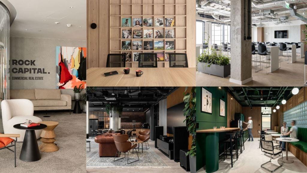 Od lewej: Rock Capital, w górnym rzędzie od lewej: GN Polska i Netcompany, w dolnym rzędzie od lewej: Decerto i KRUK. Wszystkie biura zaprojektowała pracownia BIT CREATIVE. Fot. Fotomohito.