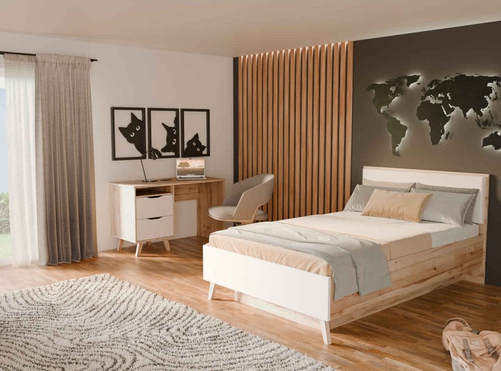 Łóżko VANKKA 160x200 cm od FORTE to połączenie komfortu i funkcjonalności, idealne do wnętrz w skandynawskim stylu. Podnoszony stelaż oraz pojemnik ułatwiają przechowywanie pościeli i akcesoriów, co docenią miłośnicy porządku. Dębowy dekor z białymi frontami oraz smukłe, eleganckie nóżki dodają lekkości i stylu, pasując zarówno do różnorodnych aranżacji: nowoczesnych, eklektycznych i minimalistycznych. Solidna konstrukcja i ergonomiczny zagłówek gwarantują trwałość i wygodę.