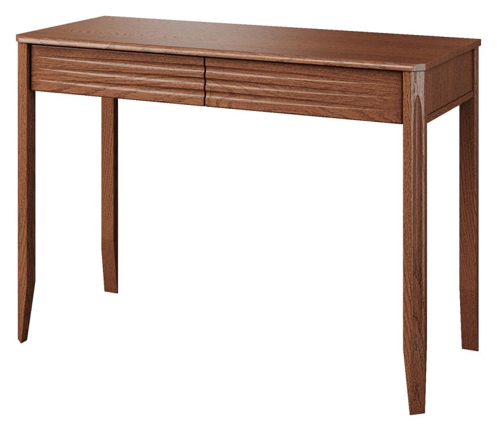 Smukła sylwetka i starannie dobrane proporcje toaletek TANGO (prod. Mebin) sprawiają, że prezentują się one delikatnie, nie dominując nad pozostałym wyposażeniem. Fronty szuflad zdobi charakterystyczne dla kolekcji frezowanie o zróżnicowanej głębokości, które nadaje powierzchni wyrazistość i podkreśla rzemieślniczą precyzję wykonania. Toaletka dostępna jest w dwóch wybarwieniach: ciepły złoty dąb oraz bardziej wyrazisty dąb rustic. Prosta konstrukcja i dopracowane detale pozwalają na swobodne zestawianie mebla z różnorodnymi dodatkami.