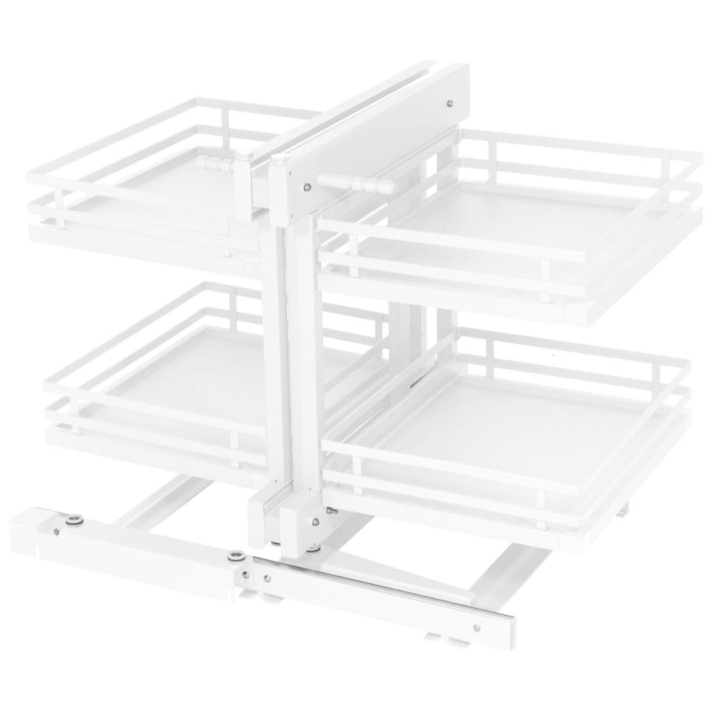Biały system narożny do szafki kuchennej AMIX Corner Cargo MPTJ017EL. Nowoczesny mechanizm wysuwny z czterema prostokątnymi półkami i pełnym dnem.