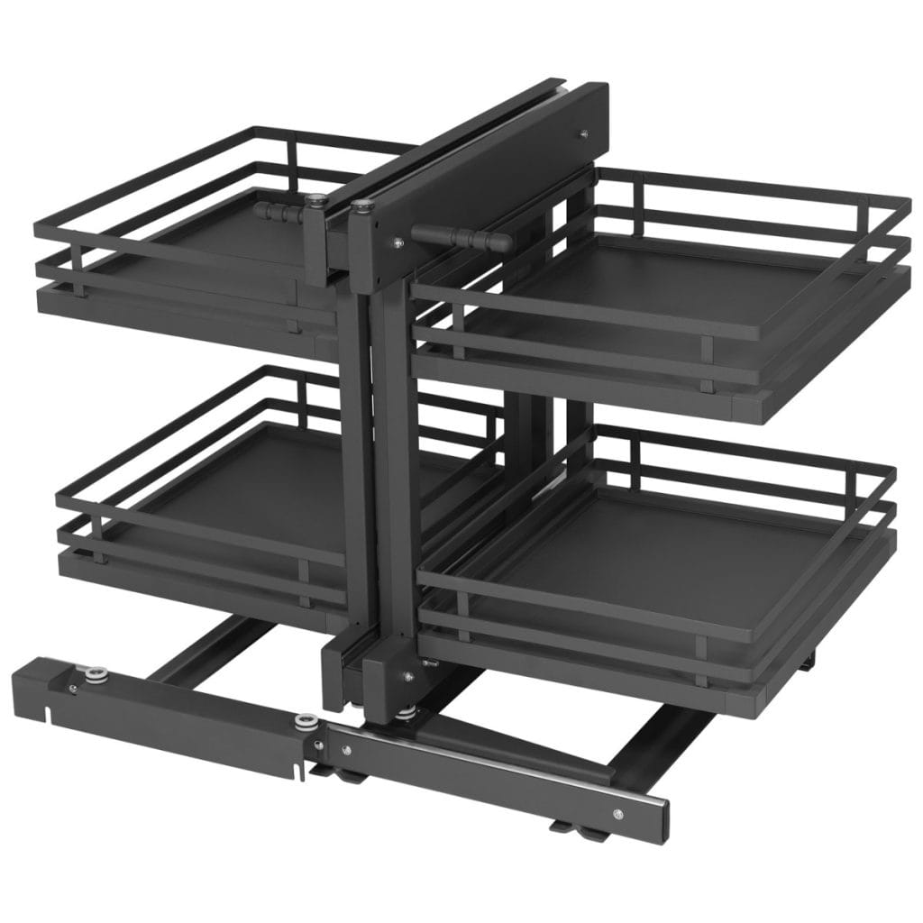 Antracytowy system narożny AMIX Corner Cargo MPTJ017EL w wersji czarnej. Metalowy stelaż kuchenny z czterema koszami typu "nerka" lub "magic corner".