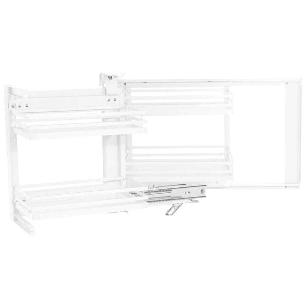 Mechanizm wysuwny AMIX Corner Cargo MPTJ017G w kolorze białym. Widok rozłożonego systemu prowadnic i koszy ułatwiający dostęp do narożnej szafki.