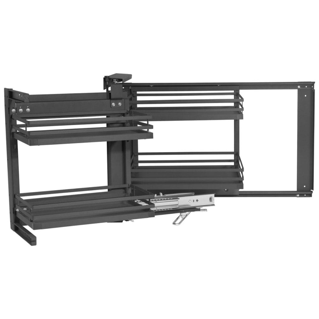 Czarny system narożny AMIX Corner Cargo MPTJ017G z widocznym mechanizmem prowadnic. Ergonomiczne rozwiązanie do głębokich szafek kuchennych w kolorze grafitowym.