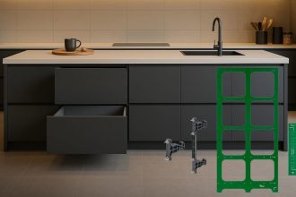 Nowoczesna ciemna kuchnia z wyspą i otwartą szufladą, na którą nałożono grafiki zielonych szablonów montażowych oraz szarych znaczników do frontów marki AMIX.