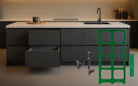 Nowoczesna ciemna kuchnia z wyspą i otwartą szufladą, na którą nałożono grafiki zielonych szablonów montażowych oraz szarych znaczników do frontów marki AMIX.