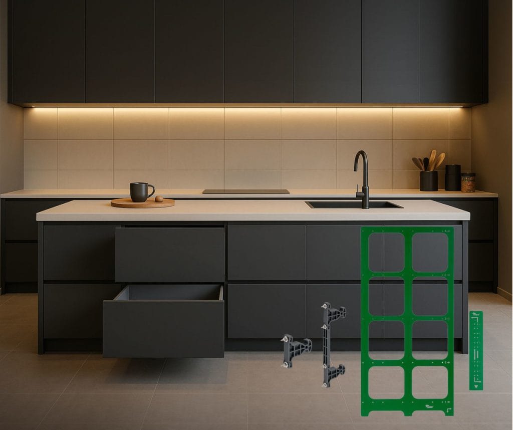 Nowoczesna ciemna kuchnia z wyspą i otwartą szufladą, na którą nałożono grafiki zielonych szablonów montażowych oraz szarych znaczników do frontów marki AMIX.