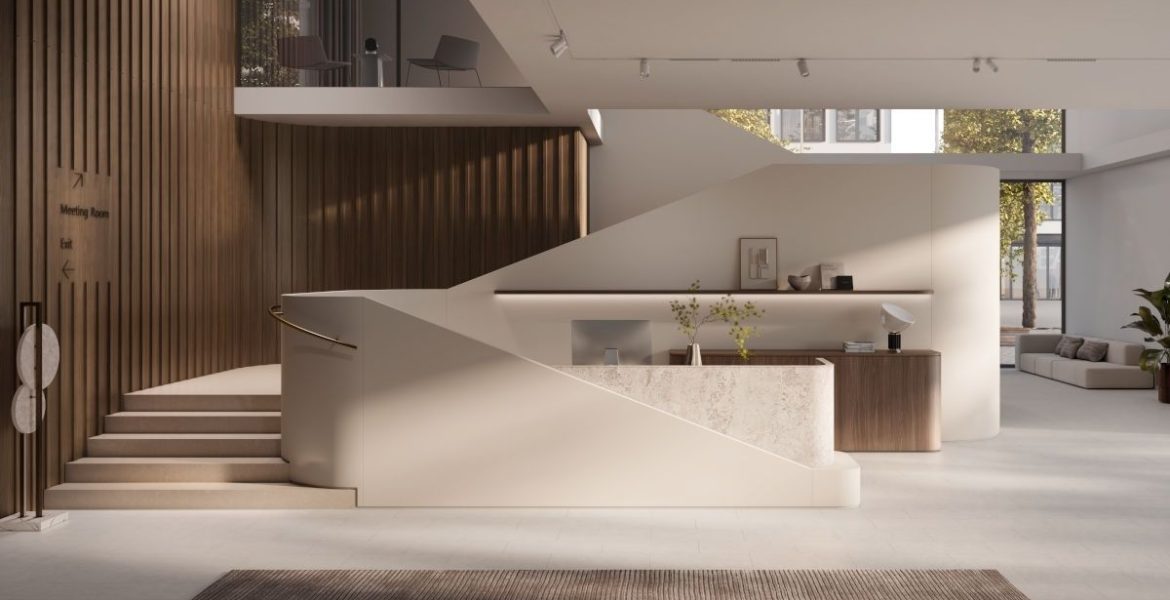 Kolekcja materiałów dekoracyjnych EGGER – dekor Beż aksamitny, Drewno Bolivar brązowe, Granit Ambiance beżowy