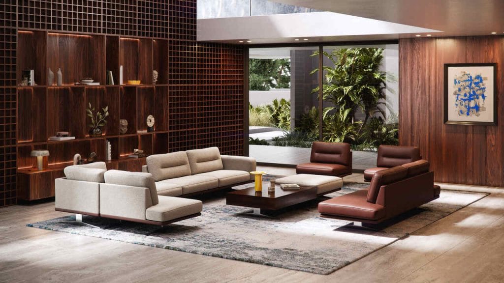 System modułowy Bologna to propozycja dla wnętrz, w których liczy się porządek formy, wygoda i swoboda aranżacji. Składa się z elementów tapicerowanych oraz stolików, które można dowolnie zestawiać, dopasowując układ do przestrzeni i stylu życia. Meble dostępne są w skórze naturalnej lub w połączeniu skóry z tkaniną. Skórzane lamówki podkreślają linię brył, a chromowane stalowe nogi nadają całości lekkości. Komfort zapewniają siedziska z pianki HR na sprężynach falistych.