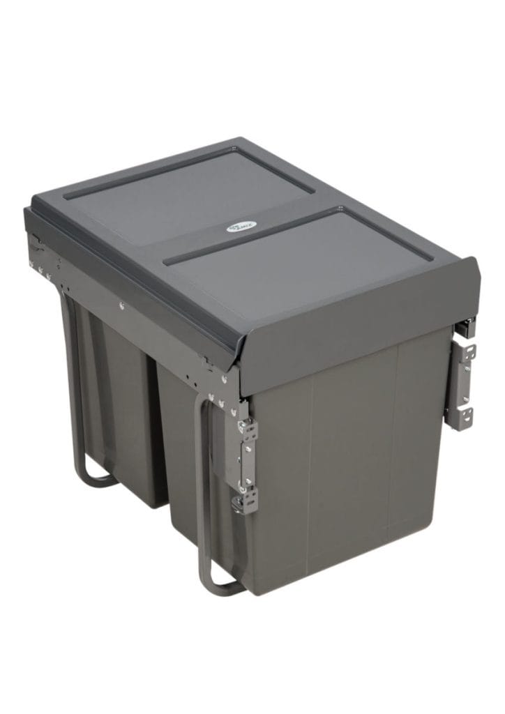 Szary, dwukomorowy sorter odpadów AMIX CLG-602N na metalowym stelażu z pełnym wysuwem i pokrywą.