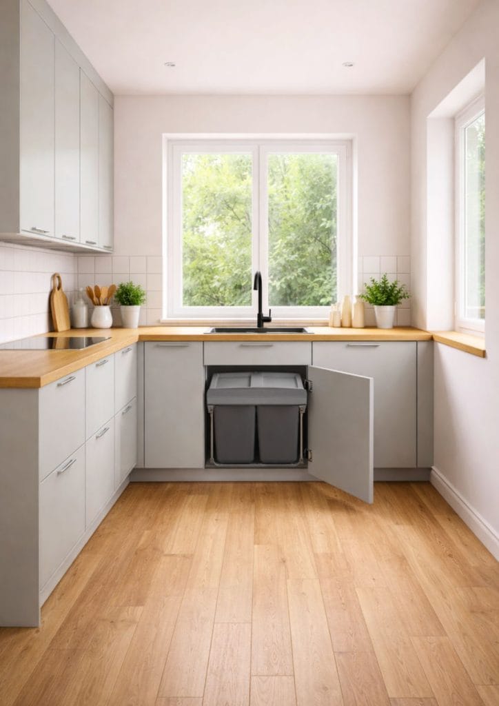 Wysuwany szary kosz na śmieci zamontowany w szafce pod zlewozmywakiem w nowoczesnej, jasnej kuchni.