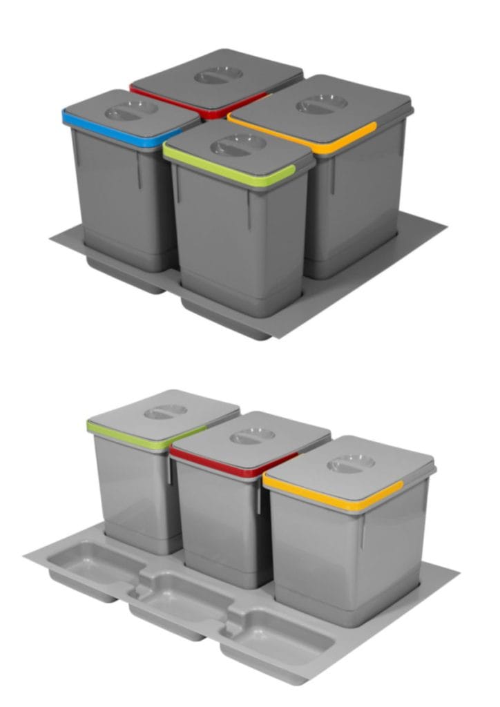 Zestaw czterech szarych koszy do segregacji Rubio (2 duże, 2 małe) z kolorowymi uchwytami (czerwony, żółty, niebieski, zielony) na dopasowanej tacy oraz Trzy szare pojemniki do segregacji Rubio z kolorowymi krawędziami ustawione na tacy z dodatkowymi wytłoczeniami na drobne akcesoria