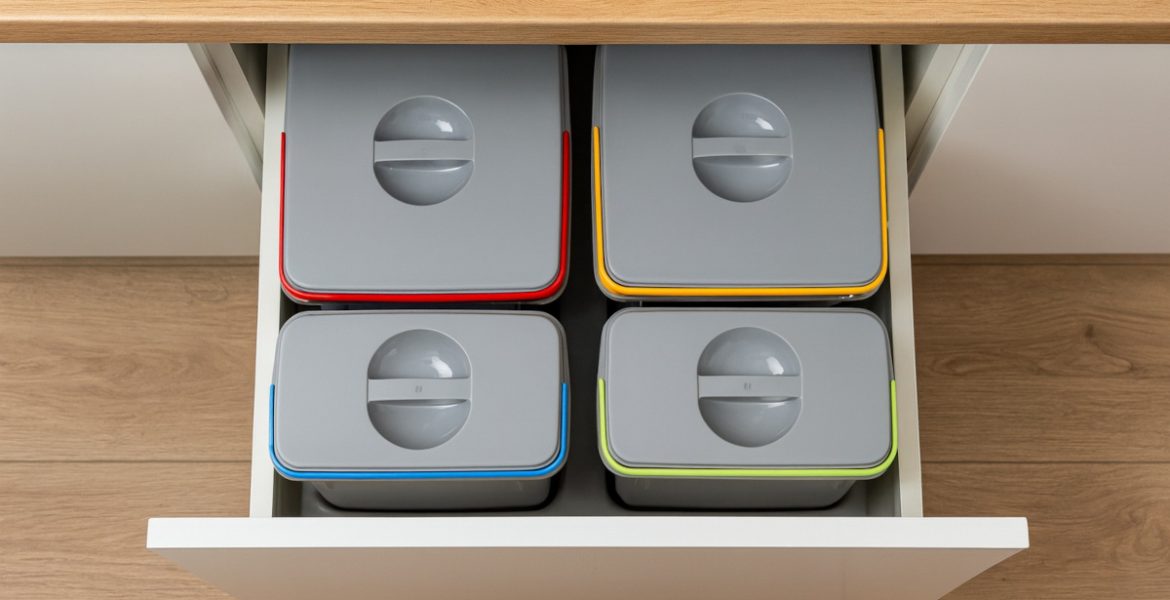 Widok z góry na szufladę kuchenną wypełnioną czterema szczelnie zamkniętymi pojemnikami do segregacji z kolorowymi oznaczeniami.