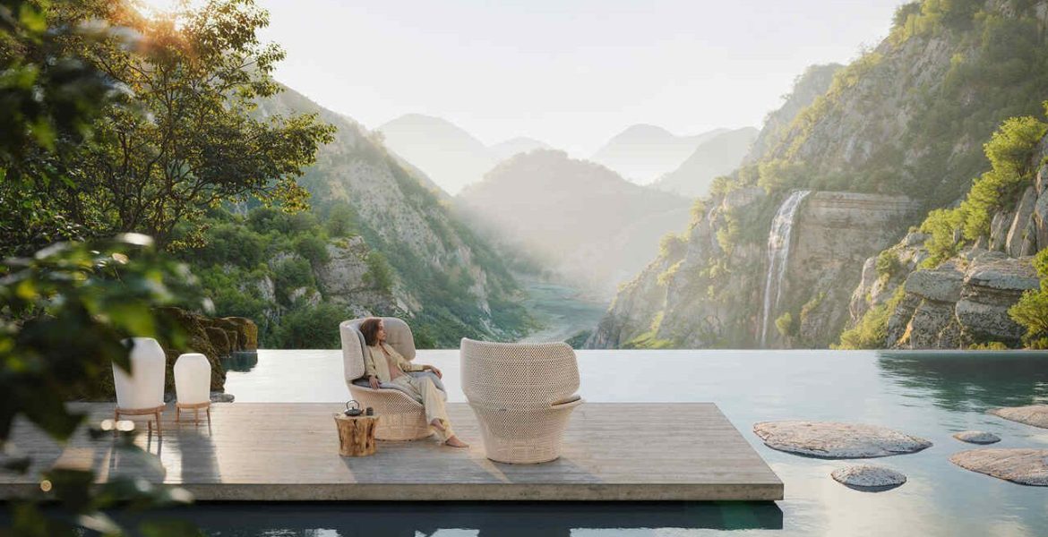 Fotel ogrodowy z odpornym na warunki atmosferyczne splotem włókien zachwyca eleganckim kształtem przypominającym otwartą muszlę. Fot. Dedon. Źródło: VDM.