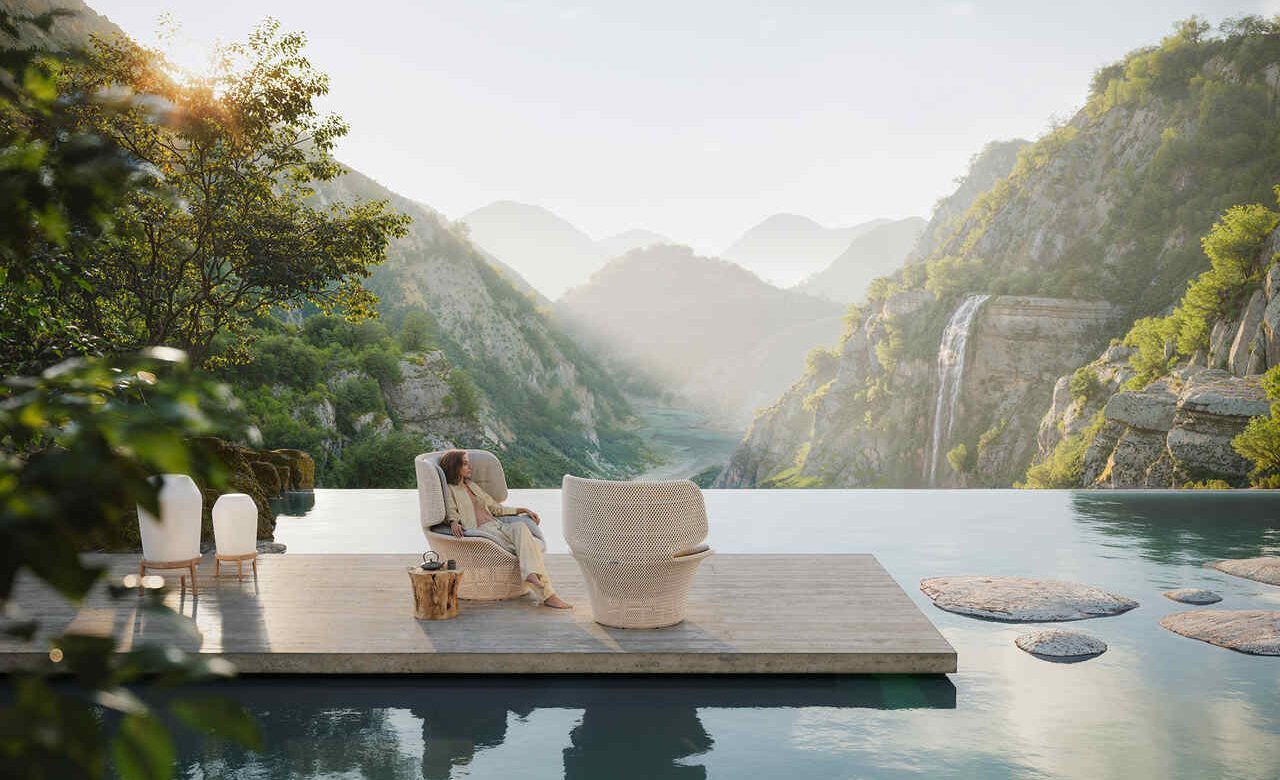 Fotel ogrodowy z odpornym na warunki atmosferyczne splotem włókien zachwyca eleganckim kształtem przypominającym otwartą muszlę. Fot. Dedon. Źródło: VDM.