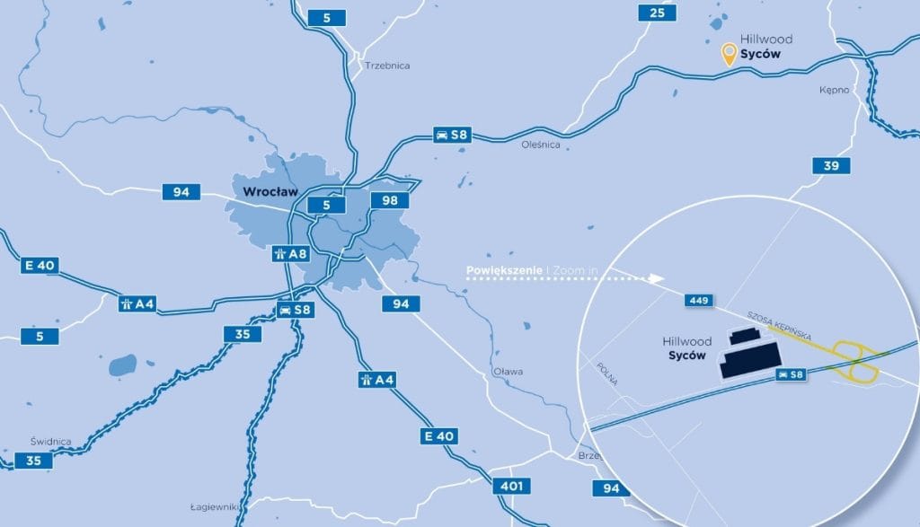 Lokalizacja magazynu Hillwood w Sycowie – strategiczny dostęp do drogi S8, blisko zagłębia meblarskiego