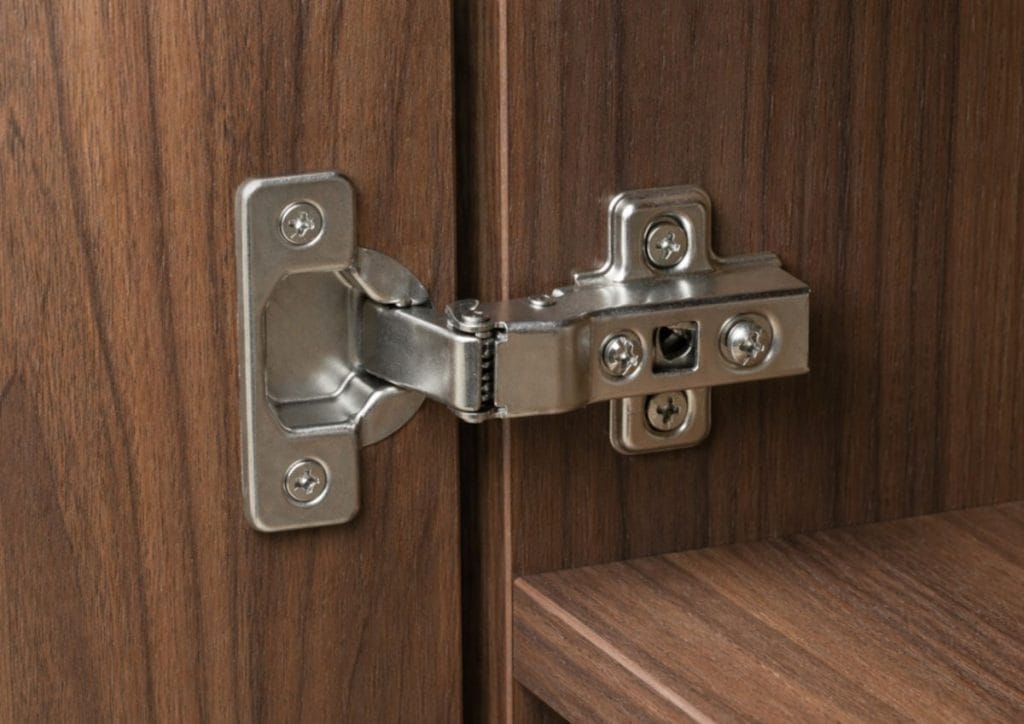 Zbliżenie na otwarty, metalowy zawias puszkowy zamontowany na ciemnobrązowych meblach o wyraźnej strukturze drewna orzechowego. Widoczne są śruby mocujące oraz fragment półki wewnątrz szafki.
