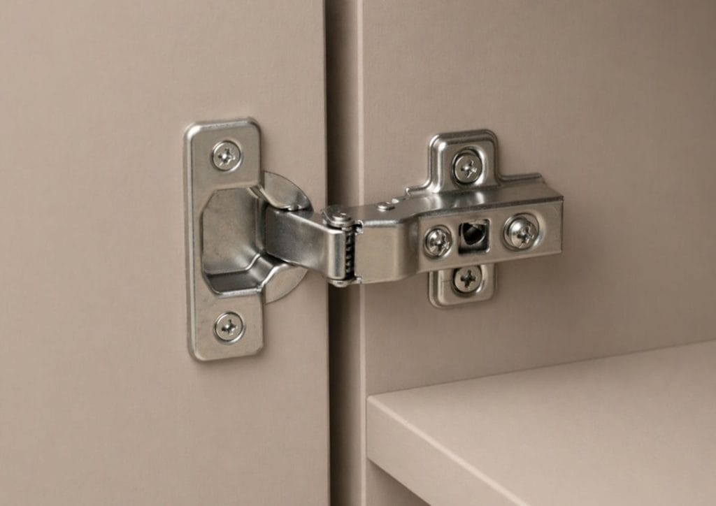 Zbliżenie na otwarty, metalowy zawias puszkowy zamontowany na gładkich frontach meblowych w kolorze matowego beżu lub jasnego taupe. Precyzyjnie widać mechanizm zawiasu, śruby montażowe oraz krawędź wewnętrznej półki.