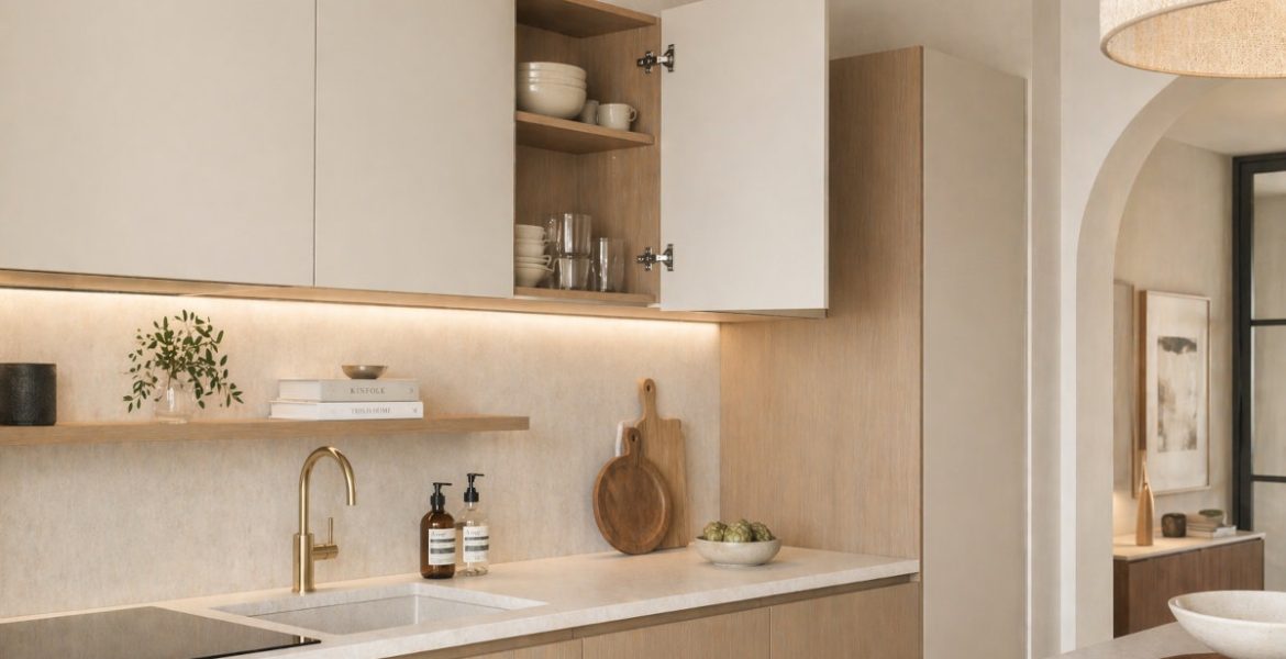 Szerokie ujęcie nowoczesnej, minimalistycznej kuchni w jasnych kolorach. Widać szafki wiszące z frontami w odcieniu złamanej bieli (jeden front jest otwarty, odsłaniając drewniane wnętrze z naczyniami i widocznymi zawiasami), dolną zabudowę w jasnym drewnie, biały blat, złoty kran, zlew, a na półce i blacie dekoracyjne akcesoria (butelki, deski do krojenia, miska z warzywami). W tle widać jadalnię z łukiem.
