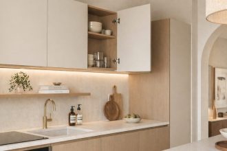 Szerokie ujęcie nowoczesnej, minimalistycznej kuchni w jasnych kolorach. Widać szafki wiszące z frontami w odcieniu złamanej bieli (jeden front jest otwarty, odsłaniając drewniane wnętrze z naczyniami i widocznymi zawiasami), dolną zabudowę w jasnym drewnie, biały blat, złoty kran, zlew, a na półce i blacie dekoracyjne akcesoria (butelki, deski do krojenia, miska z warzywami). W tle widać jadalnię z łukiem.