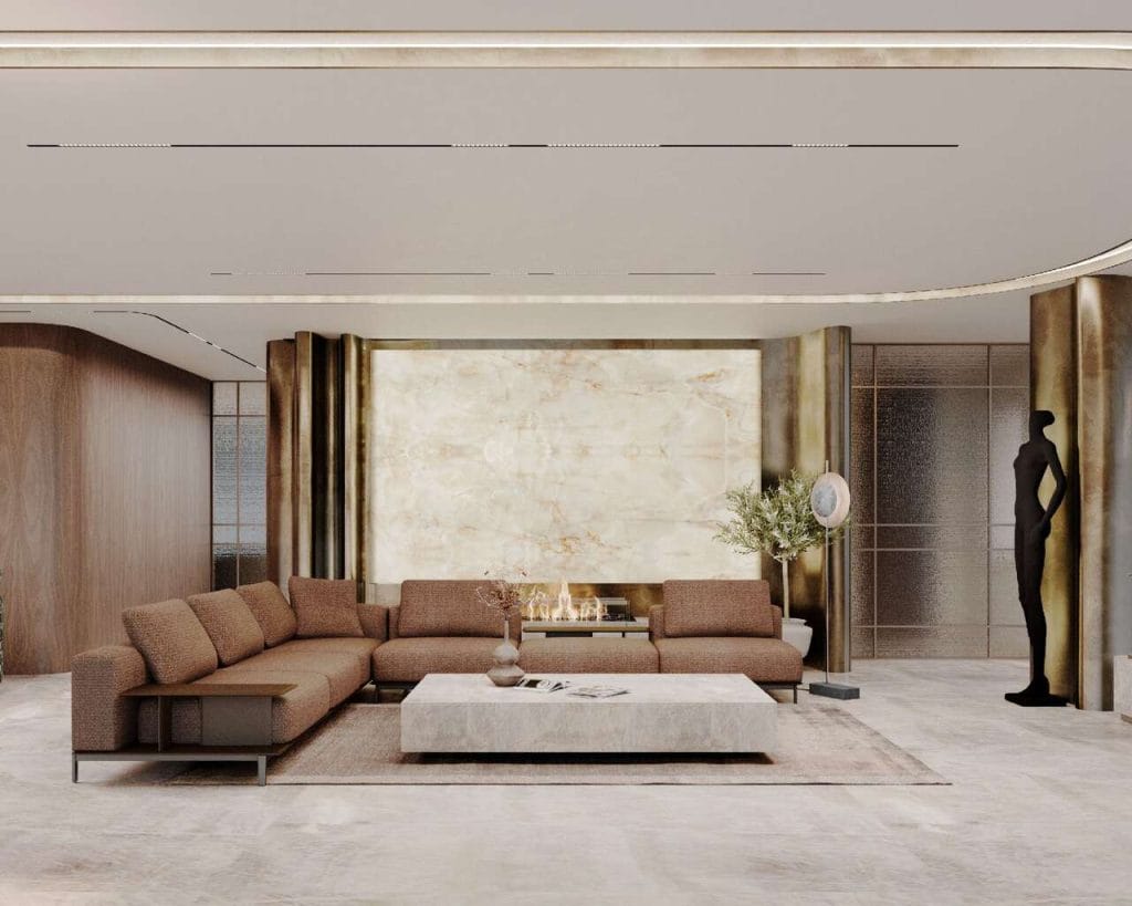 Salon w barwach ziemi: Niska zabudowa i wygodne sofy w odcieniach terakoty pozwalają w pełni wybrzmieć widokowi za oknem.