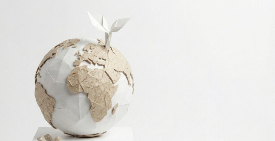 Artystyczna instalacja przedstawiająca globus wykonany z białego i brązowego papieru techniką origami. Z górnej części kuli ziemskiej wyrasta mała, biała papierowa roślina z dwoma listkami, symbolizująca ekologię i zrównoważony rozwój w przemyśle papierniczym.