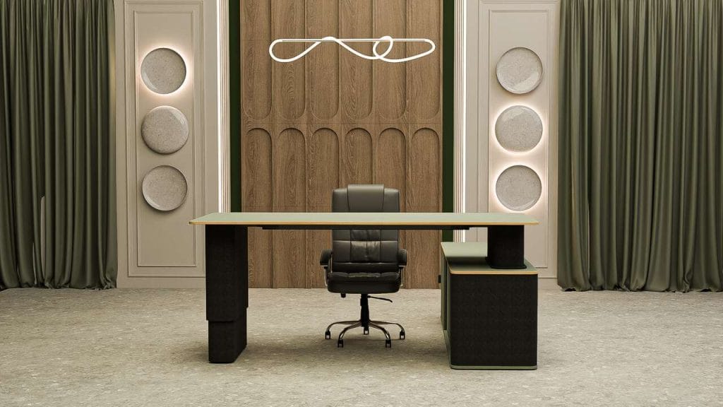 Eleganza – biurko elektryczne gabinetowe, wsparte na szafce.