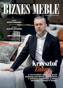 Okładka miesięcznika BIZNES MEBLE - wydanie kwiecień 2026. Na okładce: Krzysztof Zimny, zastępca Dyrektora Generalnego w Fabryce Mebli Benix, członek Rady Ogólnopolskiej Izby Gospodarczej Producentów Mebli. Fot. Tomasz Markowski.