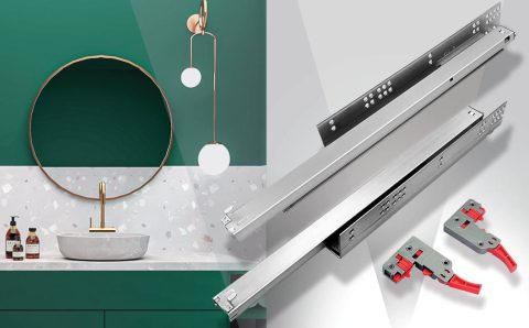 Zestawienie produktowe: po lewej wizualizacja eleganckiej łazienki z zielonymi meblami, po prawej zbliżenie na stalowe prowadnice dolnego montażu Sevroll DXS wraz z plastikowymi elementami sprzęgieł w kolorze szarym i czerwonym.