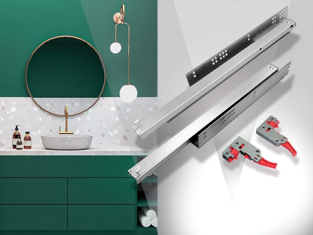 Zestawienie produktowe: po lewej wizualizacja eleganckiej łazienki z zielonymi meblami, po prawej zbliżenie na stalowe prowadnice dolnego montażu Sevroll DXS wraz z plastikowymi elementami sprzęgieł w kolorze szarym i czerwonym.