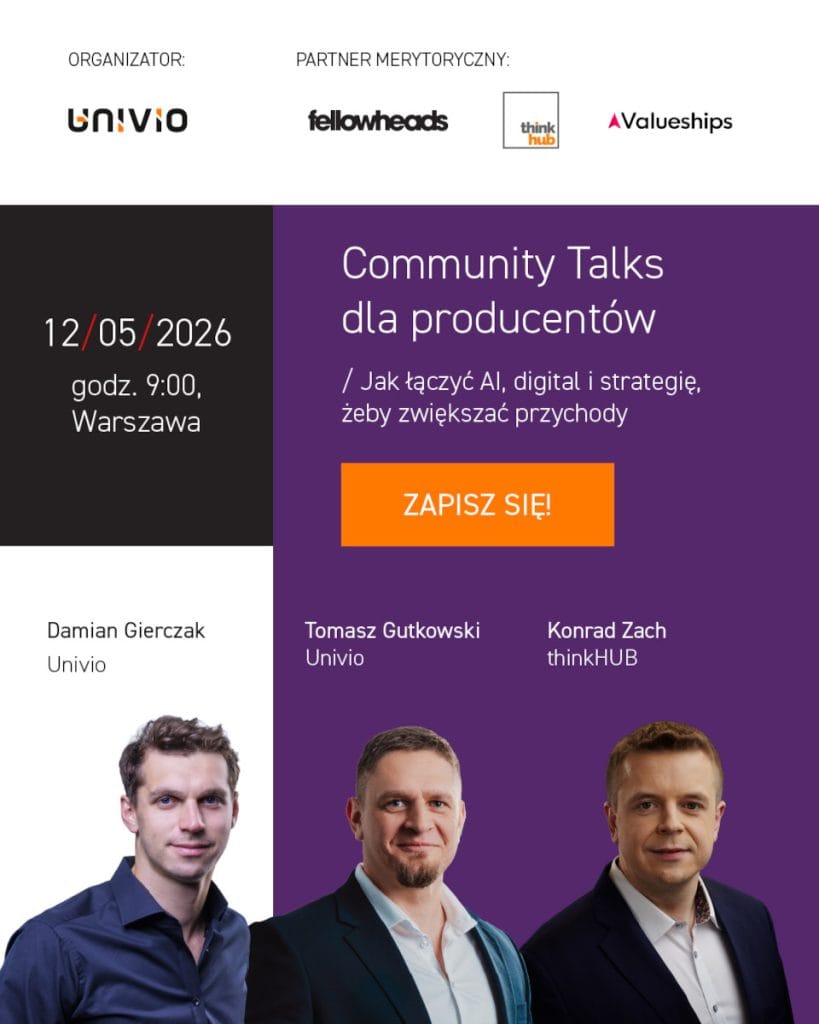 Pionowy plakat promujący spotkanie "Community Talks dla producentów". Na fioletowym tle widnieje napis o łączeniu AI, technologii cyfrowych i strategii w celu zwiększenia przychodów. Wydarzenie odbędzie się 12 maja 2026 o godz. 9:00 w Warszawie. Przedstawione sylwetki prelegentów: Damian Gierczak (Univio), Tomasz Gutkowski (Univio) oraz Konrad Zach (thinkHUB). Na górze logotypy partnerów: Fellowheads, thinkHUB i Valueships. W centralnej części pomarańczowy przycisk "ZAPISZ SIĘ!".