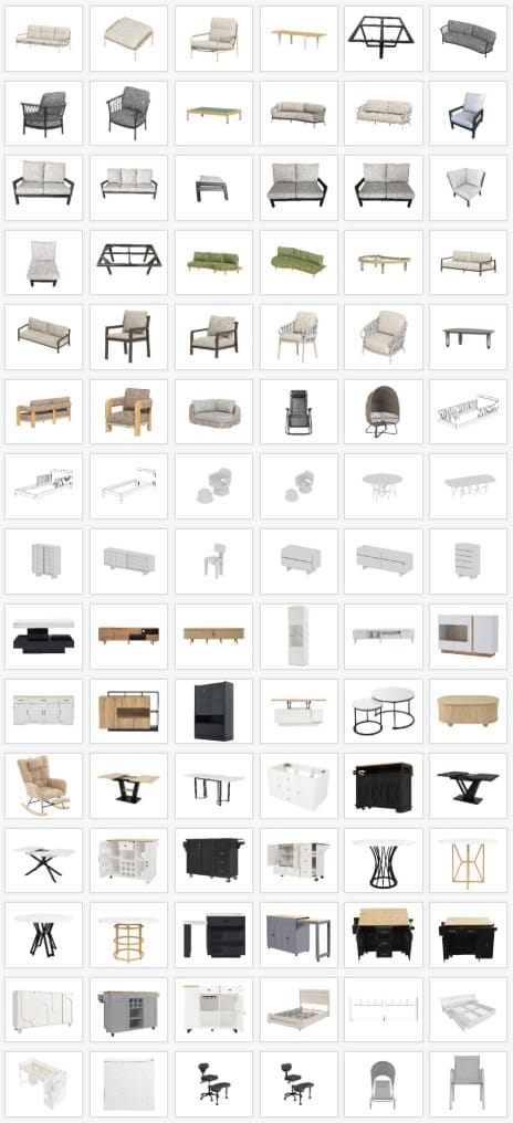 Monitorowanie wzorów mebli do analizy konkurencji: zestawienie projektów stolików kawowych, wysp kuchennych i szafek RTV.