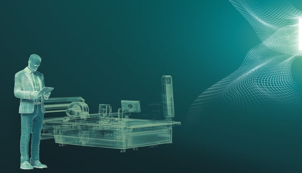 Zaawansowana automatyzacja produkcji mebli tapicerowanych – wizualizacja 3D operatora korzystającego z cyfrowych rozwiązań Lectra Valia przy maszynie krojczej.