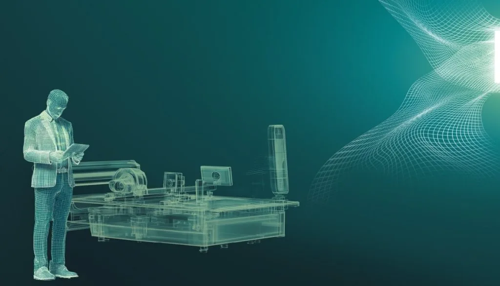 Zaawansowana automatyzacja produkcji mebli tapicerowanych – wizualizacja 3D operatora korzystającego z cyfrowych rozwiązań Lectra Valia przy maszynie krojczej.