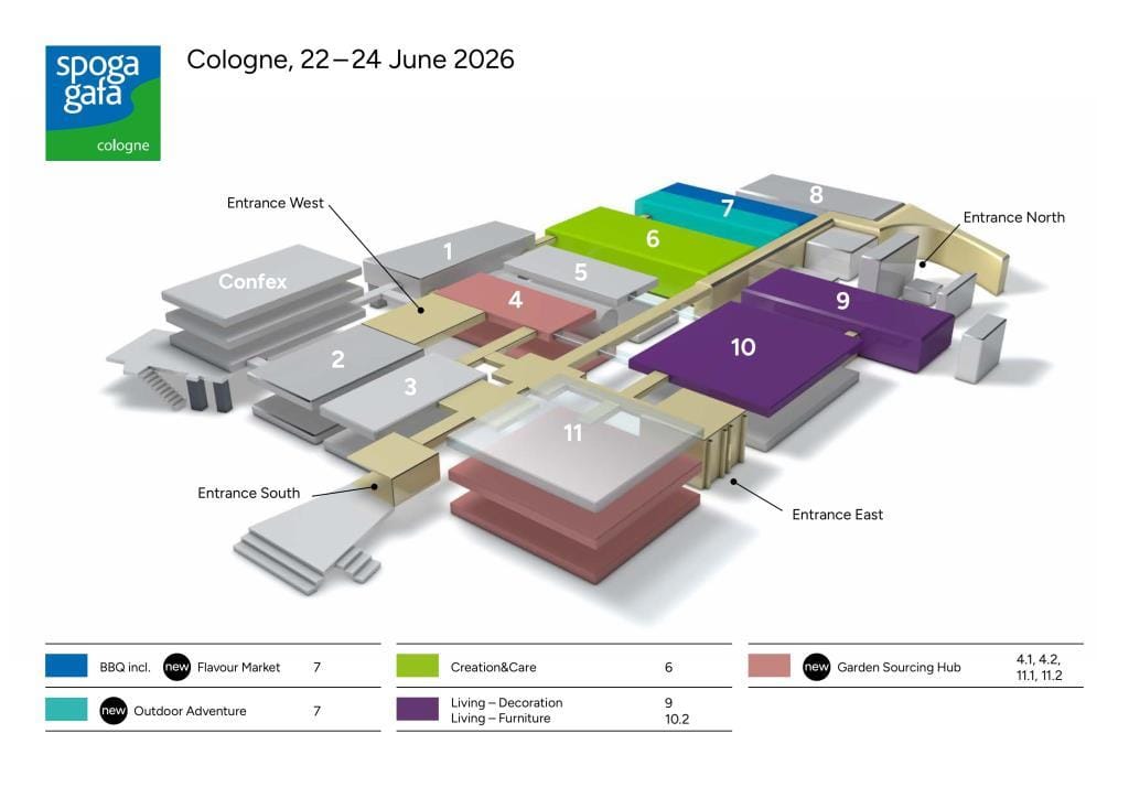 Szczegółowy plan targów spoga+gafa 2026. Źródło: spoga+gafa / Koelnmesse.