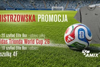 Plakat promocyjny AMIX: Mistrzowska Promocja. Kup szuflady Elite Box i odbierz piłkę adidas World Cup 26 lub koszulkę 4F.