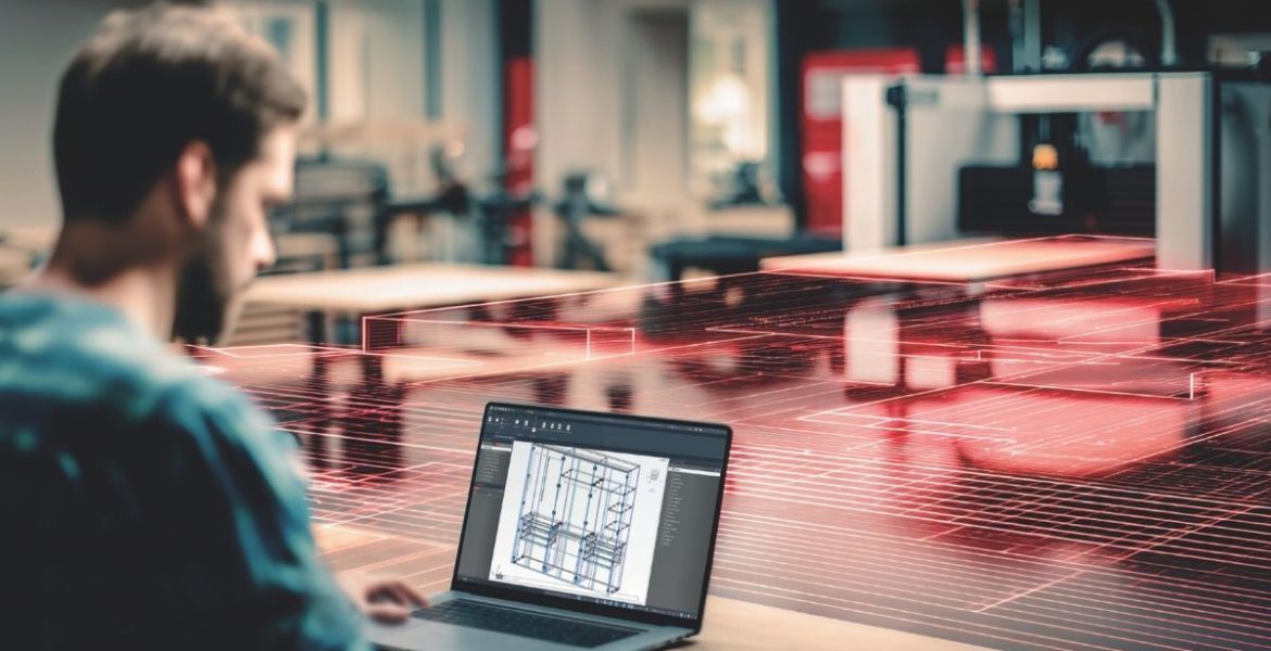 Nowoczesne projektowanie mebli w systemie imos iX. Konstruktor pracujący na laptopie nad projektem 3D szafy, z nałożoną cyfrową siatką CAD/CAM i maszyną CNC w tle nowoczesnego zakładu produkcyjnego.