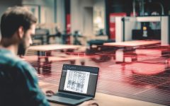 Nowoczesne projektowanie mebli w systemie imos iX. Konstruktor pracujący na laptopie nad projektem 3D szafy, z nałożoną cyfrową siatką CAD/CAM i maszyną CNC w tle nowoczesnego zakładu produkcyjnego.