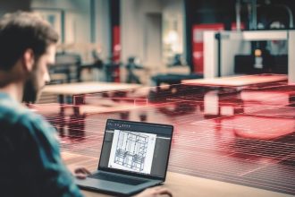 Nowoczesne projektowanie mebli w systemie imos iX. Konstruktor pracujący na laptopie nad projektem 3D szafy, z nałożoną cyfrową siatką CAD/CAM i maszyną CNC w tle nowoczesnego zakładu produkcyjnego.