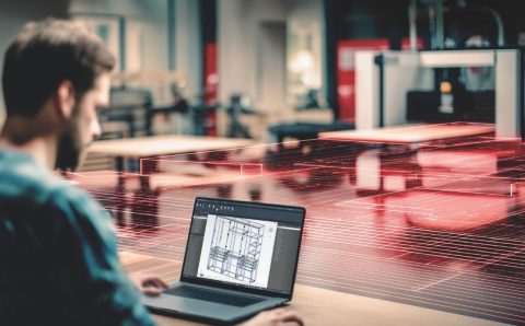 Nowoczesne projektowanie mebli w systemie imos iX. Konstruktor pracujący na laptopie nad projektem 3D szafy, z nałożoną cyfrową siatką CAD/CAM i maszyną CNC w tle nowoczesnego zakładu produkcyjnego.