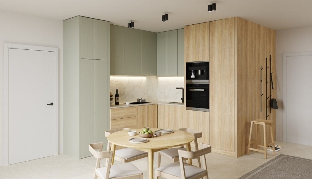 Nowoczesne dekory meblowe Macela Oak od Impress Decor w aranżacji jasnej kuchni, gdzie trwała folia finish chroni fronty.