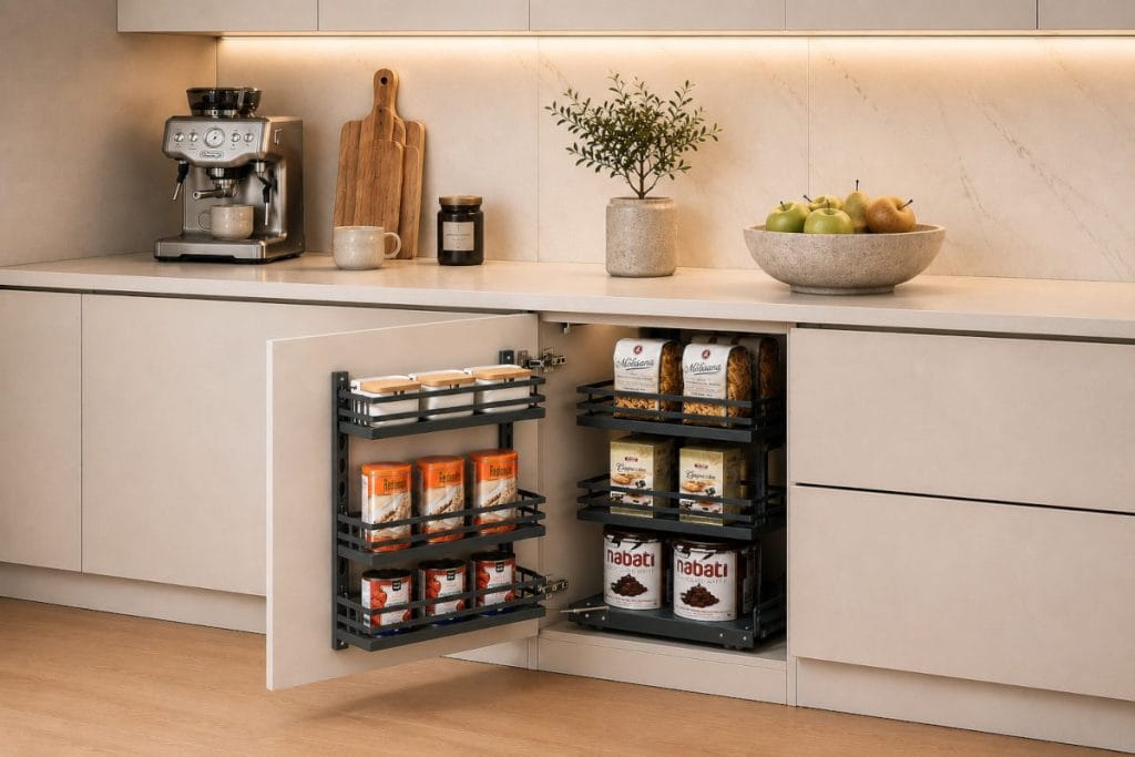 Otwarta szafka kuchenna z systemem narożnym typu cargo od Amix. Widoczne druciane kosze wypełnione produktami spożywczymi, jak kawa, makaron i konserwy, zorganizowane na różnych poziomach.