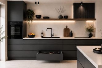 Szeroki widok nowoczesnej, minimalistycznej kuchni w kolorze antracytu z systemem szuflad kuchennych Elite Box.