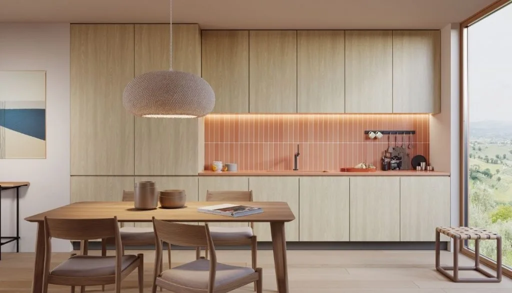 Nowoczesna zabudowa kuchenna w dekorze Roosendal Elm Impress Decor – drewnopodobne powierzchnie meblowe