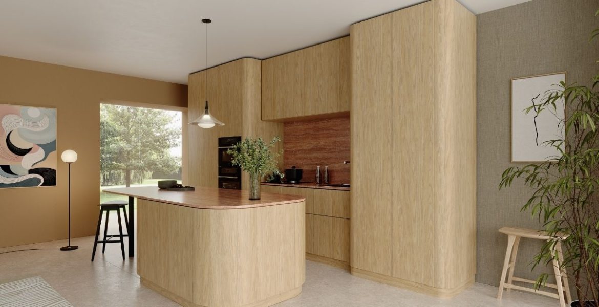 Aranżacja kuchni z zaokrągloną wyspą w dekorze Soaria Oak od Impress Decor – meblowe powierzchnie dekoracyjne