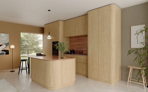Aranżacja kuchni z zaokrągloną wyspą w dekorze Soaria Oak od Impress Decor – meblowe powierzchnie dekoracyjne