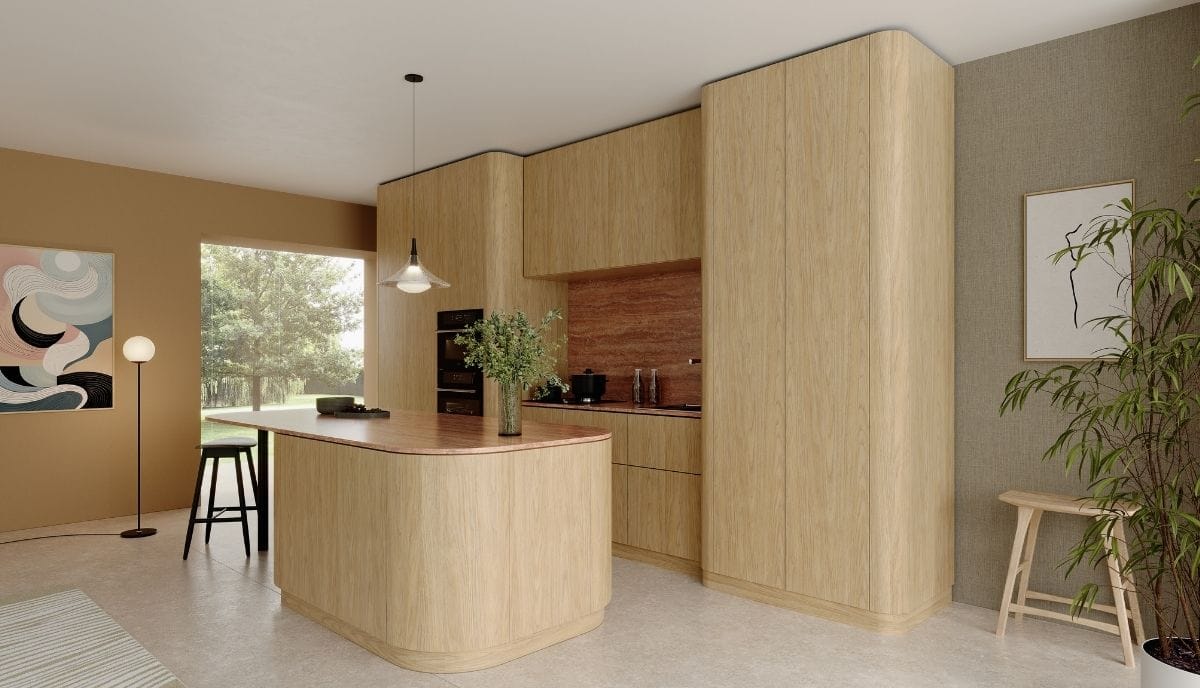Aranżacja kuchni z zaokrągloną wyspą w dekorze Soaria Oak od Impress Decor – meblowe powierzchnie dekoracyjne