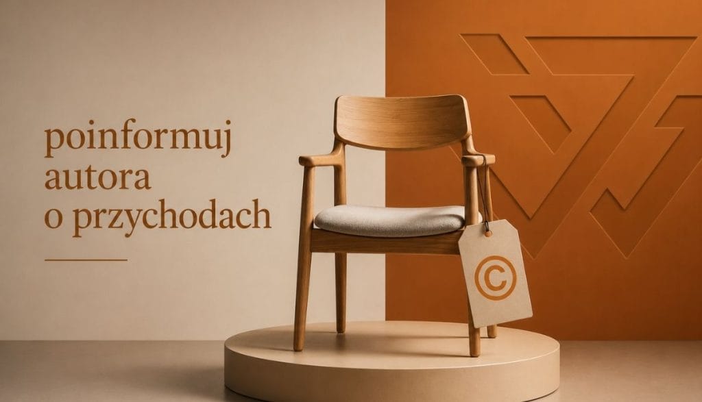 Krzesło na podium z symbolem copyright chroniące prawa autorskie w meblarstwie