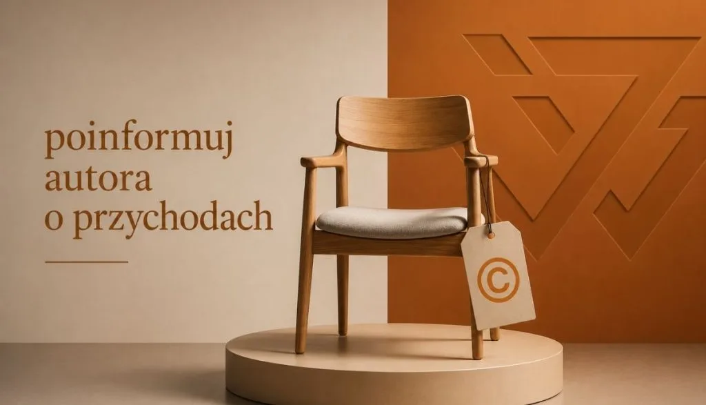 Krzesło na podium z symbolem copyright chroniące prawa autorskie w meblarstwie