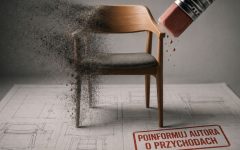 Alt: Rozpadające się krzesło nad projektem technicznym symbolizujące naruszenie przez kogoś prawa autorskie